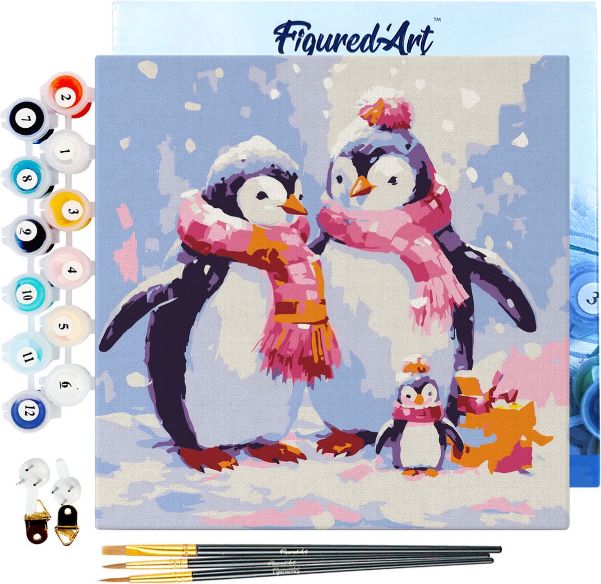 FiguredArt Mini Schilderen op Nummer Volwassenen 20x20cm met lijst Pinguïnfamilie in de Sneeuw - Klein Formaat Creatieve Hobby Kit DIY Art Nummer Compleet